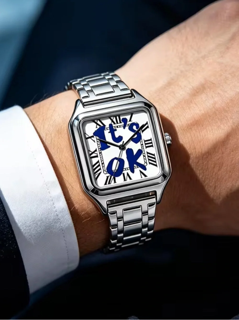 Men's Silver Square Dial Watch with Linked Bracelet - Blue Accents